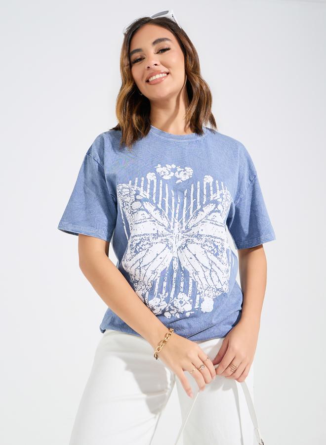 Styli Oversized Acid Wash Butterfly Graphic 100% Cotton T-Shirt - Image 1